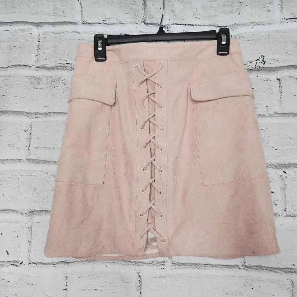 Mistress Rocks Women's Pink Suedette Lace-Up Mini Skirt Size Medium